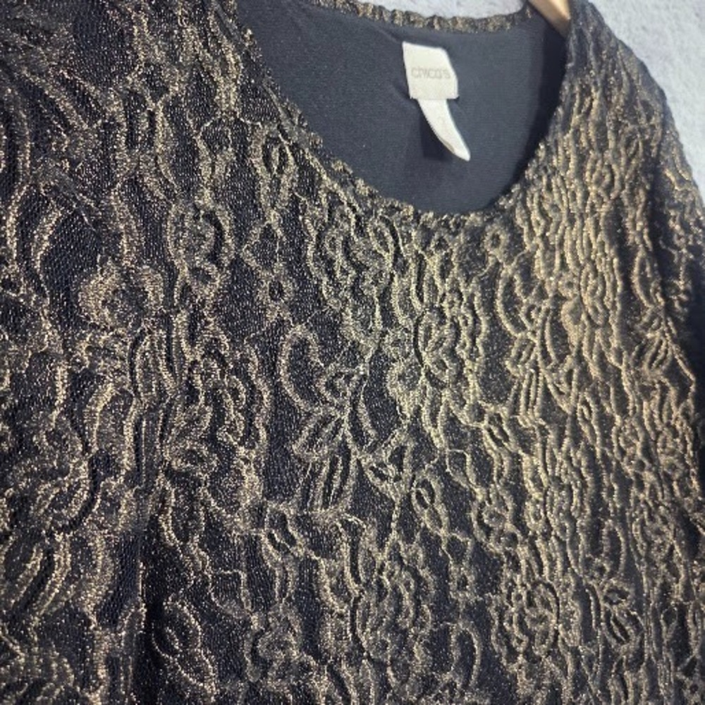 Chico's Pullover Top Womens Large Gold Metallic Floral Lace Sheer Sleeve Festive - Picture 2 of 12
